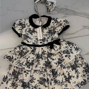 Janie and Jack Monochrome Floral Dress with Bow Headband
